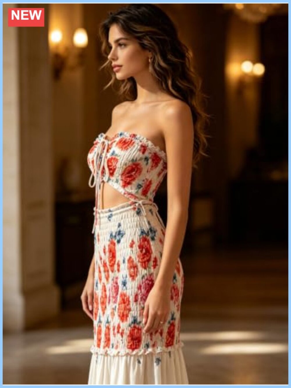 Floral Bandeau Prom Dress Tie Front Convertible Mermaid Hem Formal Party - Picture 2 of 5